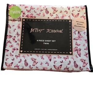 Betsey Johnson Twin Sheet Set with Extra Pillowcase Pink Butterfly Pattern